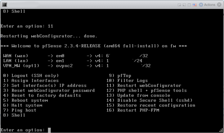 Pfsense running in the VMware console